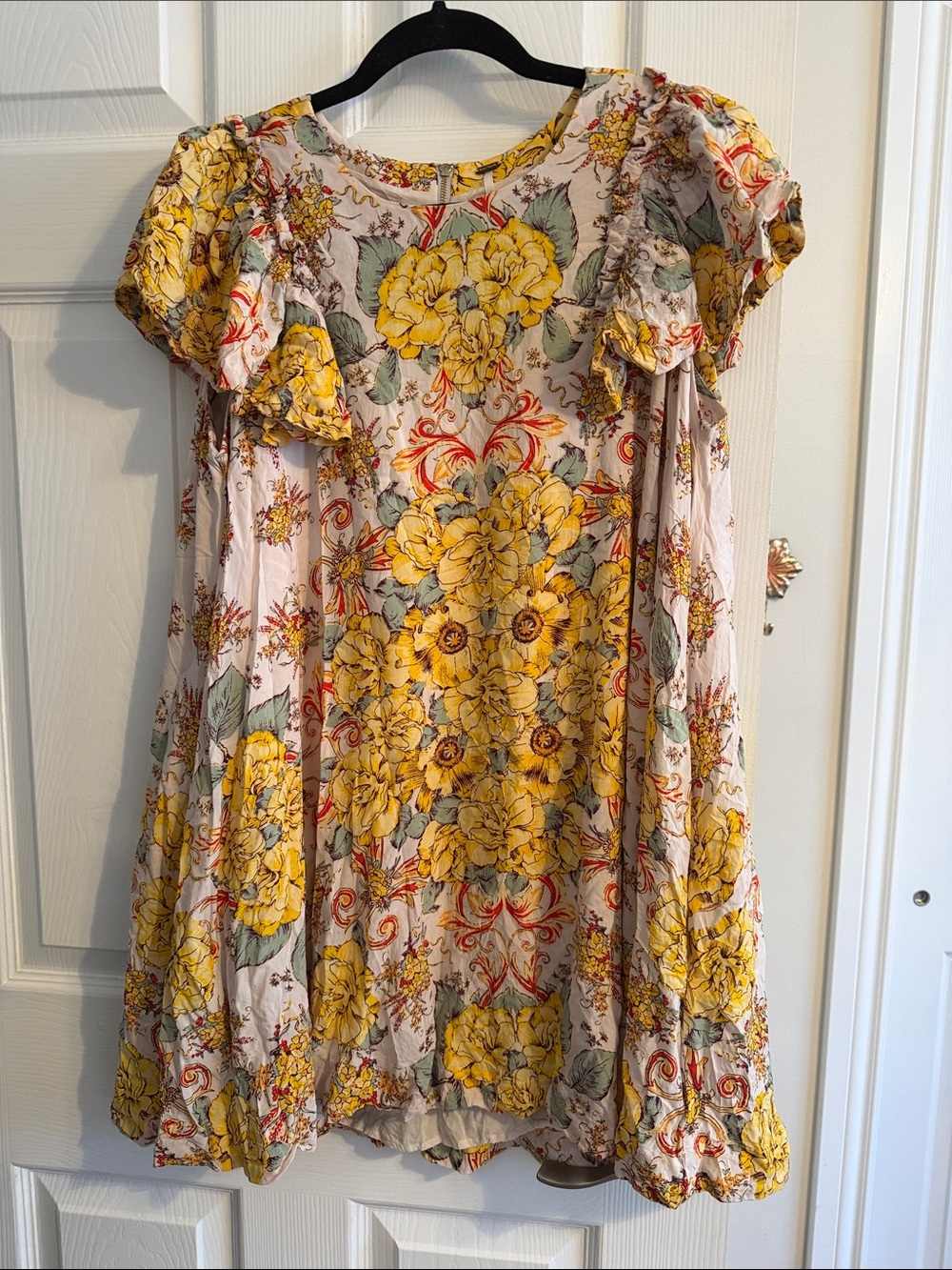 Free People Yellow Floral Ruffle-Sleeve Dress